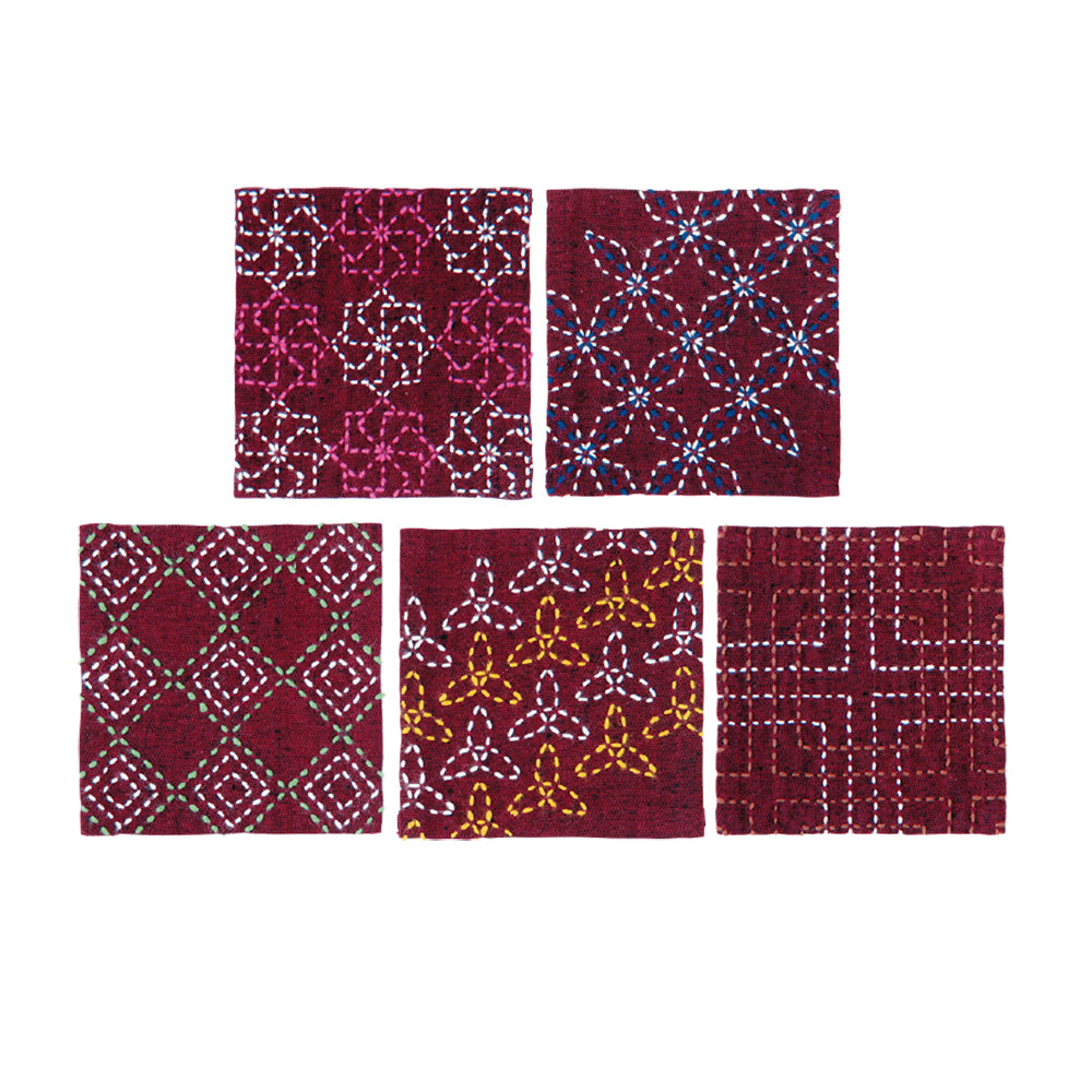 SK-401 Sashiko Tsumugi Coasters (Set of 5) Red