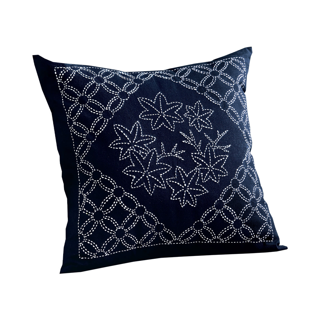 Sashiko 259 Cushion with Autumn Leaves and Maru-Shippo (Navy)